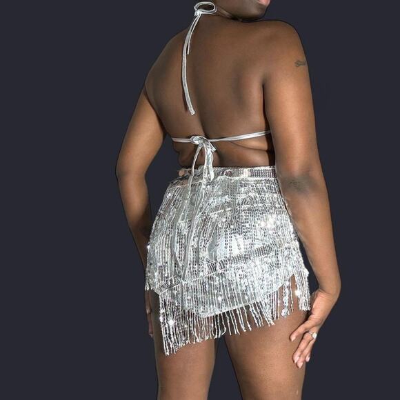 Nwot silver sequin fringe halter mini dress - Picture 3 of 4